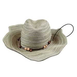 Sunday Afternoons Womens Cowboy Hat Beige Green Striped Beaded Chin Strap Medium